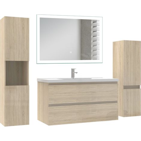 Ocean Ensemble de Meuble salle de bain 99cm Chêne Haut Brillant, miroir led + colonne 110cm + colonne 131.5cm