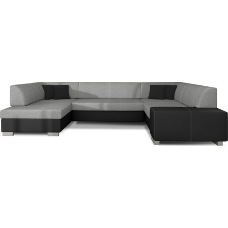 Canapé panoramique convertible HOUSTON en bi-matière avec coffre de rangement-Noir/Gris clair-Coffre à gauche (1/5)