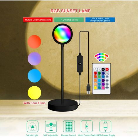 Lampe d'ambiance RVB au coucher du soleil, lumière de projection réglable à 360 °, USB, LED romantiques, nuit avec télécommande pour selfie, salon, fête à thème, décoration de chambre à coucher. (1/5)