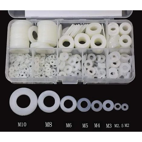 500 Stück Nylon-Unterlegscheiben, Kunststoff-Abstandshalter M2, M2,5, M3, M4, M5, M6, M8, M10, runde Flachscheiben (1/4)