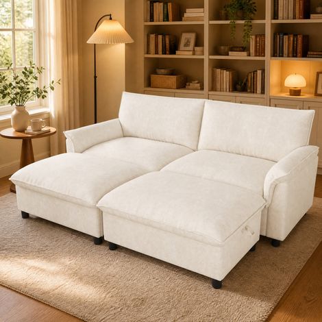 Sofá modular en U de chenilla beige 216 x 77 x 82 cm con 2 pufs móviles (1/5)