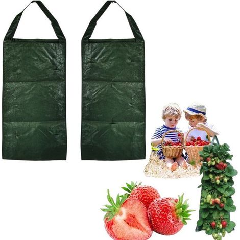 Sacs de culture fraises 8 poches 25x60 cm, lot de 2, tissu respirant avec poignées, potager balcon jardin vert (1/5)