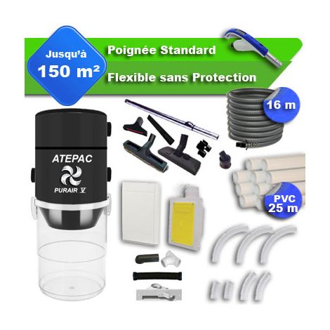 Aspirateur central PURAIR V garantie 5 ans + flexible rétractable 16 m standard + 7 accessoires + kit 1 prise RETRAFLEX + kit prise balai (rayon d'action 150 m2) (1/5)