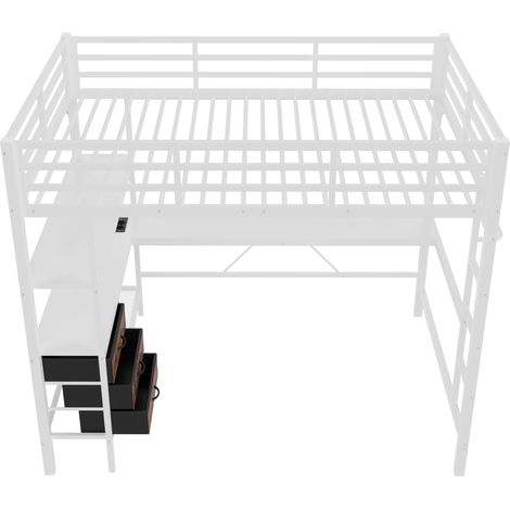 Cama alta 140x200 cm con escritorio LED USB enchufes 3 cajones estantes escalera blanca HOMVRA (1/5)