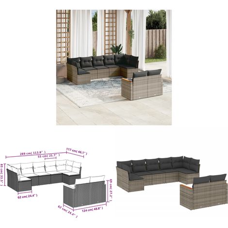 9-tlg. Garten-Sofagarnitur mit Kissen Grau Poly Rattan - Gartenmöbel - Rattan Möbel - Outdoor Sofa - Lounge Set - Esstischgarnitur - Home & Living (1/3)