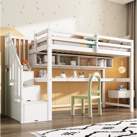 Lit mezzanine enfant moderne bois massif+MDF blanc 90x200 cm avec escalier rangement, bureau intégré et étagères (1/5)