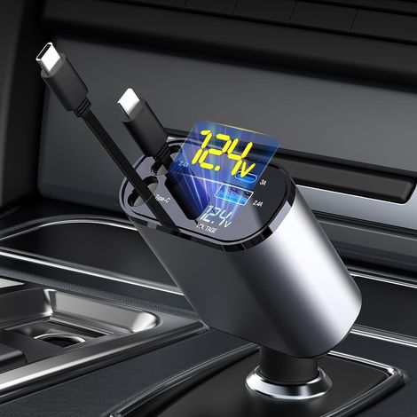 Per caricabatterie da auto retrattili, caricabatterie rapido 4 in 1 per telefoni da auto, cavo retrattile (80 cm) e 2 porte USB, adattatore di ricarica per auto compatibile (1/5)