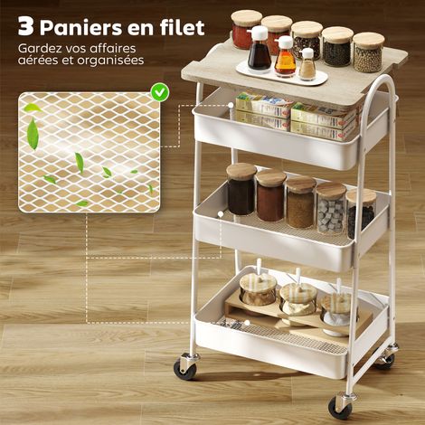 Desserte cuisine 3 niveaux plateau paniers poignées 45x32x77,5 cm chêne