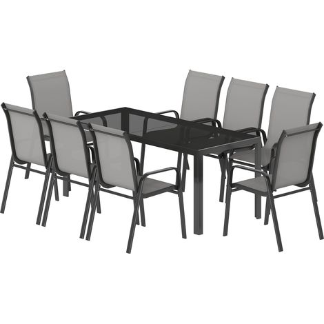 Outsunny Set Pranzo Esterno 9 Pezzi, Sedie Impilabili, Grigio Chiaro