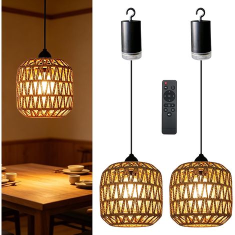 Suspension Luminaire Rotin sur Batterie, avec Télécommande, pour une utilisation intérieure et extérieure 2 Pièces (1/5)