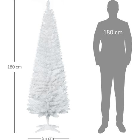 Sapin de Noël artificiel blanc, fin et de 180 cm de haut, avec des branches réalistes et un socle pliable. (1/5)