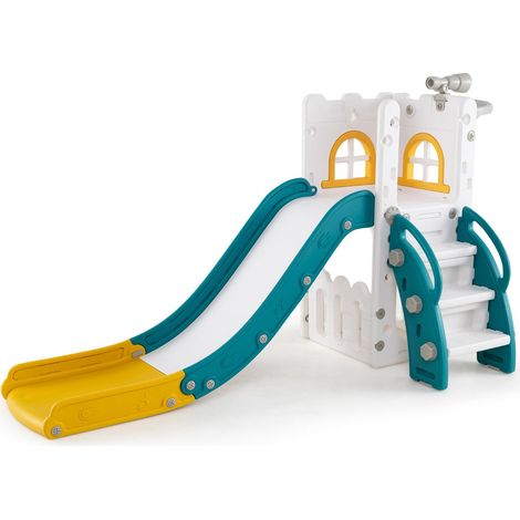 Tobogán infantil 6 en 1 (69 x 145 x 85 cm) seguro con telescopio y aro de baloncesto HDPE amarillo (200014347)