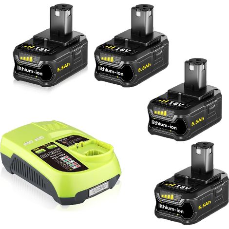 4 × P108 18 V 5,5 Ah Lithium-Ersatzakkus und P117B 3 A-Schnellladegerät mit USB-Anschluss, kompatibel mit Ryobi 18 V P102-, P103-, P109-Akkus und Ryobi 18 Volt Plus-Elektrowerkzeugen. (1/5)