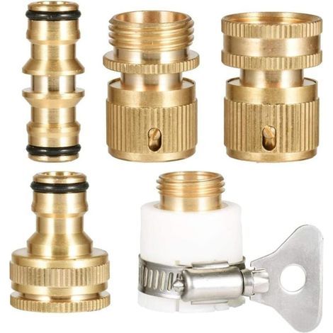5PCS Raccord Tuyau d'arrosage en Laiton, Connecteur Robinet Tuyau de Jardin Raccord Robinet Tuyau Arrosage Laiton Connecteur de Robinet Fileté 1/2 et 3/4 avec Rondelle (1/4)