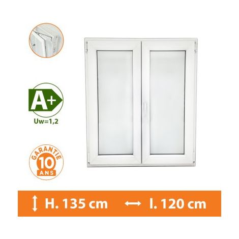 Direct Fenêtres – Fenêtre PVC 2 vantaux blanc H.125 x l.120 cm – Double vitrage 4/16/4 – Isolation thermique Uw 1,2 – Ouverture oscillo-battante (1/4)