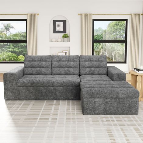 Canapé d'angle modulable nuage 4-5 places 253x161x89 cm,forme L avec pouf,sans armature,mousse haute densité,velours côtelé,gris clair