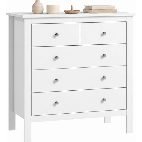 Commode à 5 tiroirs, meuble de rangement, avec poignées, glissières métalliques, en bois, 79 cm (L) x 39,5 cm (P) x 80,5 cm (H), blanche (1/5)