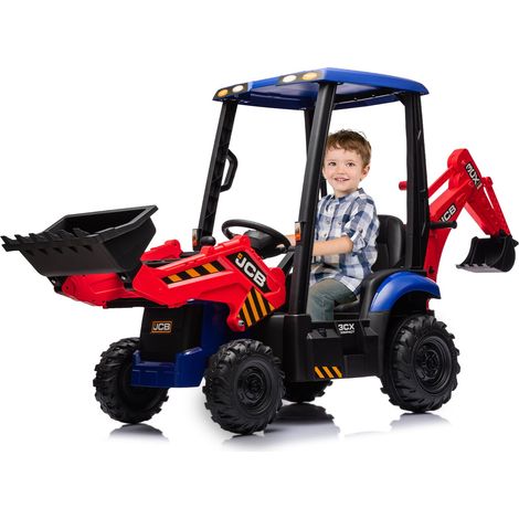 12V children's electric tractor, remote control, four-in-one excavator toy, bucket, bulldozer, tipper, horn, detachable roof, speed 2-4 km/h, red