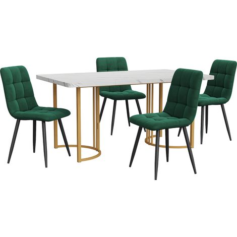 Set da pranzo 5 pezzi tavolo 140x80 cm con 4 sedie in velluto bianco e verde (1/5)