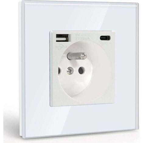 Prise murale Ulisem avec USB et 1 Type-C, AC blanc avec panneau en cristal, multiprise murale avec USB (max. 2,1 A), convient aux smartphones et tablettes