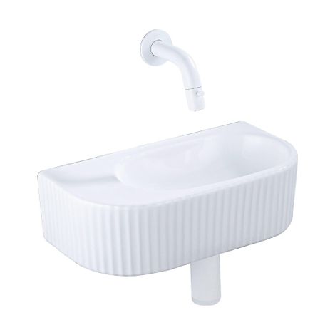 QeramiQ Fuente Ensemble de Lavabo - 40x21.5x12cm - strié - demi-rond - céramique - ensemble de robinet blanc mat - bouchon de vidange - siphon abaissé