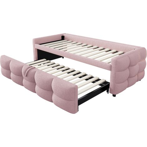Letto estensibile capitonné in tessuto Teddy rosa 90/180 x 190 cm con rete a doghe (1/5)