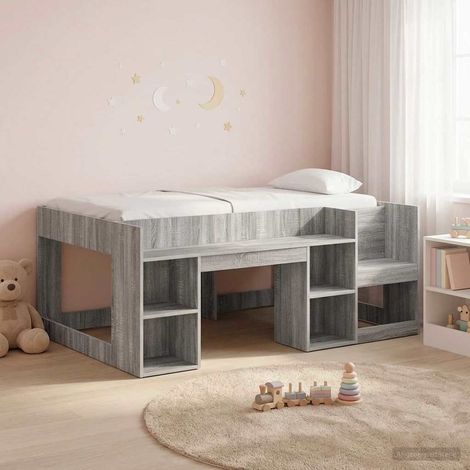 Cadre de lit mezzanine enfant avec rangement, bois d’ingénierie, Sonoma gris, 108,5 x 163 x 65 cm - PANGIVO (1/5)