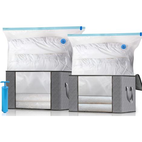 Housse de Rangement Sous Vide XXL, Kit de Rangement Grande Capacité - 2 Sacs Sous Vide, 2 Sacs de Rangement avec Poignées de Renforcement et 1 Pompe, pour Duvet Couette Oreillers Vêtements la Literie (1/5)