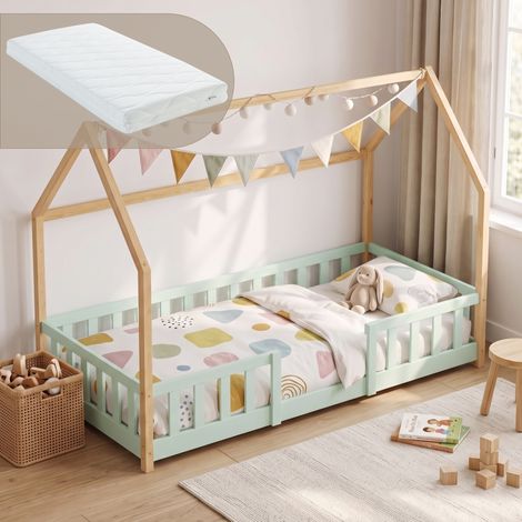 Hausbett Sisimiut mit Matratze und Rausfallschutz 90x200 cm Mintgrün/Natur [en.casa] (1/5)