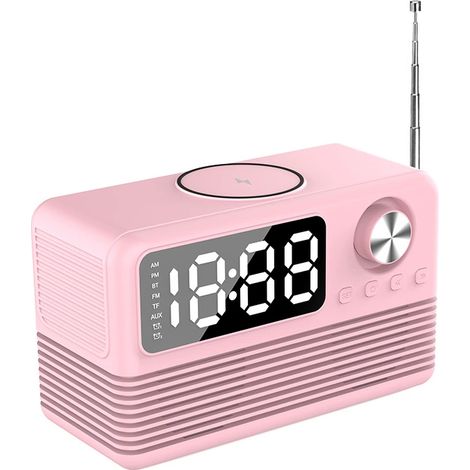 Réveil Bluetooth BT509 rose avec radio FM, charge sans fil 10 W, charge rapide USB et affichage LED. Son design élégant et minimaliste est idéal pour les chambres et les intérieurs modernes.