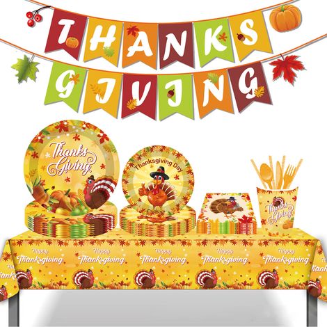 1 lot Assiettes jetables, serviettes, couverts, pailles, nappes et banderoles, thème automne, Thanksgiving, multicolore, 23 cm (1/5)