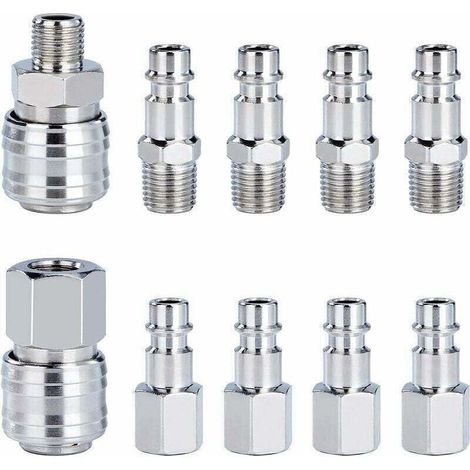 Raccord Rapide de Compresseur 1/4"BSP Coupleur Pneumatique, XU,d'air Kit Raccords de Tuyau Connecteur Homme Femme 10 Pièces - KZQ (1/4)