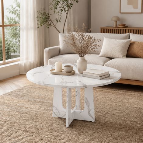 Tavolo da pranzo rotondo Ø 120 cm in MDF bianco effetto marmo, stabile e facile da pulire (1/5)