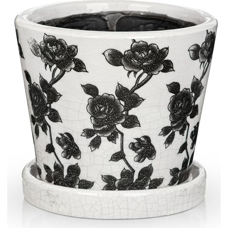 Pot de plantes en céramique noir et blanc avec trou de drainage et soucoupe, pot de fleurs de 14 cm pour plantes d’intérieur et d’extérieur, pot en porcelaine à émail craquelé pour plantes d (1/5)