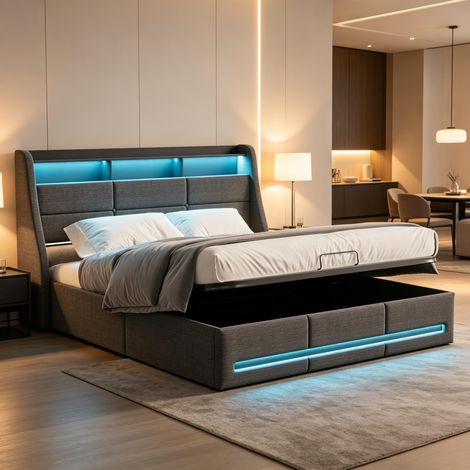 FOERPL-Großes Bett 160 x 200 cm mit Stauraum, LED-Beleuchtung und USB-Anschluss, gepolstertes Bettgestell 160 x 200 cm mit hydraulischem Stauraum und Lattenrost, gepolstertes Kopfteil mit Stauraum, Do (1/5)