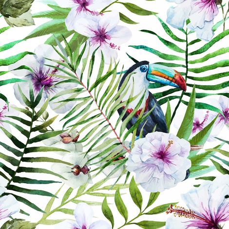 Papier peint panoramique exotique oiseaux effet aquarelle Tapisserie panoramique tropical avec oiseaux Papier peint panoramique tropical salle de bain