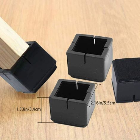 12 quadratische PVC-Beinschoner (49–55 mm) für Stühle und Tische mit quadratischen, schwarzen Filzgleitern. Geeignet für Stuhl-, Tisch- und Sofabeine. (1/4)