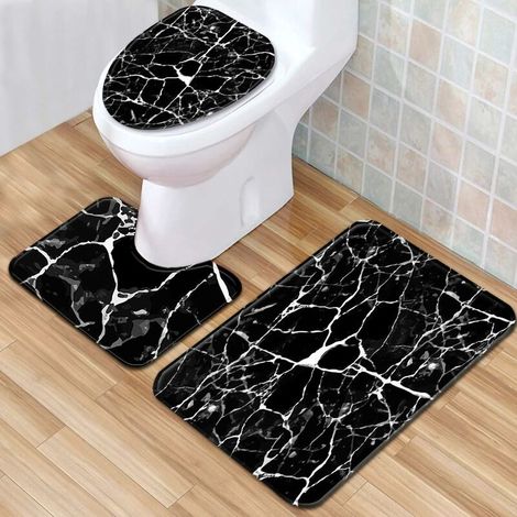 3pcs/set Marbling Non-Slip Bathroom Mat Rug Set Bathroom Rug + U-shaped Toilet Mat + Lid Cover, Black (1/4)