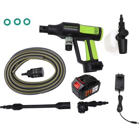 Akku-Hochdruckreiniger (1000 PSI) mit bürstenlosem Motor, 21-V-4,0-Ah-Akkuladegerät, 6-in-1-Düse, 5 m dickem Schlauch, 4 Geschwindigkeitsstufen, LED-Anzeige, EU-Stecker, Grün