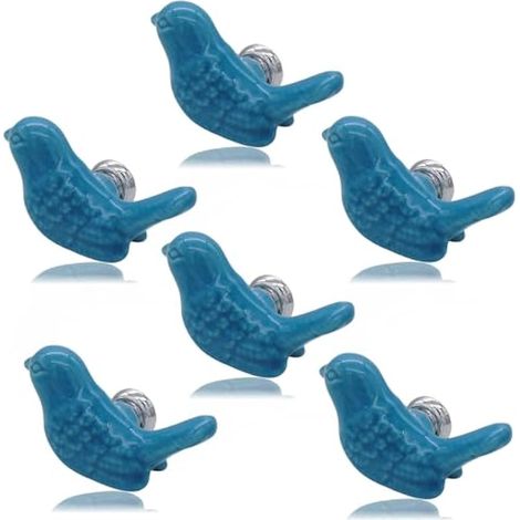 Lot de 6 boutons et poignées de tiroir vintage en céramique - Motif oiseaux - Pour armoire, commode, armoire, salle de bain, cuisine, porte de placard avec vis - Bleu (1/5)