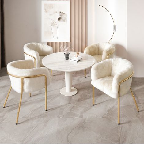 Set de 4 sillas de comedor con funda de pelo sintético y patas metálicas, blanco, OKMYHOME (1/5)