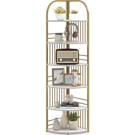 Étagère d'Angle à 6 Niveaux, 181,5 cm Bibliothèque d'Angle Autoportante avec Cadre Métallique, Présentoir Vertical, pour Salon, Chambre, Or (1/5)