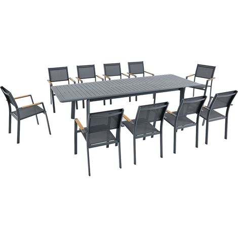 Salle à manger de jardin en aluminium : une table extensible L.205/286.5 cm et 10 fauteuils empilables - Anthracite - MACILA de MYLIA