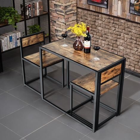 Ensemble Table à Manger 1 Table et 2 Chaises Encastrable Style Industriel Brun Rustique Maison Chic (1/3)
