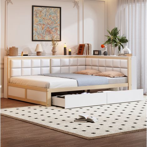 Letto adulti 140x200 cm con 2 cassetti portaoggetti e testiera imbottita, in legno, senza materasso, naturale (1/5)