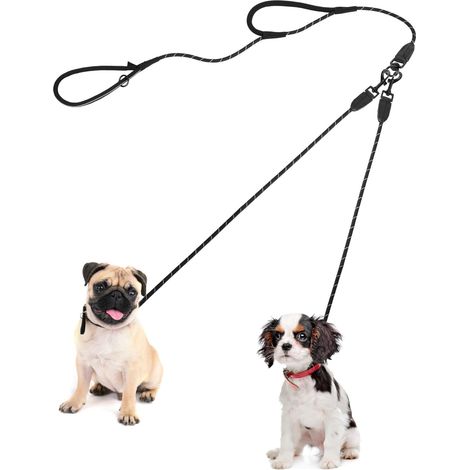 Double Dog Lead pour 2 chiens, laisse d'entraînement sans enchevêtrement avec deux poignées rembourrées, laisses en nylon réfléchissantes pour petits et moyens chiens 0,8 x 195 cm (noir) (1/5)