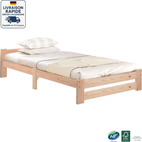 Cama para adulto, Cama doble - Futón de madera con cabecero y somier - Madera natural, color natural - 200x90 cm (1/5)