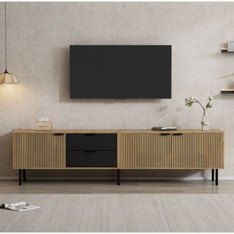 Mueble TV 208 cm negro y madera, almacenaje con 2 cajones y 3 puertas, estilo moderno para salón (1/5)