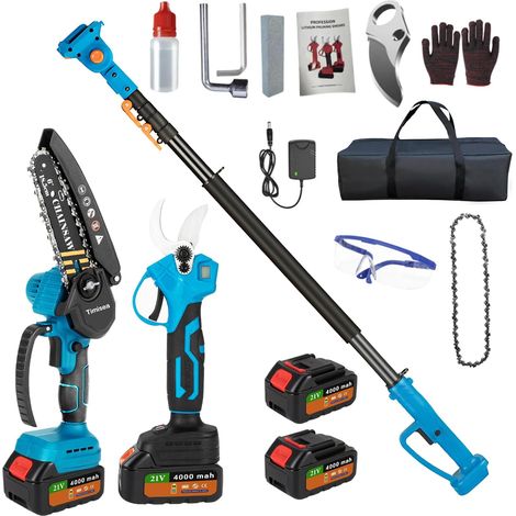 Kit de jardin 4 en 1 avec télescope de 3 cm, batterie taille-haie, tronçonneuse de 6 pouces, élagueuse et accessoires 21 V Tronçonneuse à batterie 2,6 m Tige télescopique 2 x 4000 mAh Lithium (1/5)