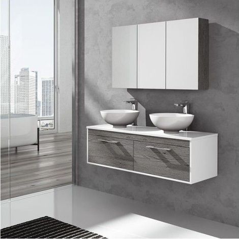 MUEBLE DE BAÑO ENIF CON ENCIMERA DE MADERA CON ESPEJO, Y TOALLERO, SIN LAVABO COMBI: GRIS CENIZA Y BLANCO 120CM DOS SENOS (1/2)